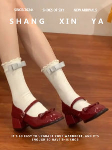 รองเท้าแต่งงาน Mary Janes ส้นสูงทรงหัวกลมสีแดง สำหรับผู้หญิง รองเท้าแต่งงานแบบผูกโบว์หนังสัตว์ รองเท้าแต่งงานแบบสวมส้นสูง