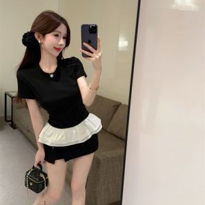 Áo Thun Tay Ngắn Ôm Vừa Vặn Cổ Tròn Mùa Hè Cho Nữ Áo Thun Cotton Phong Cách Pháp Áo Thun Thường Ngày Áo Thun Tay Ngắn