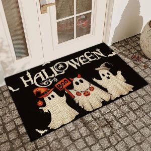 VIKAMA Halloween Ghost Doormat Witch Hat Ghost Bat Pattern Non Slip Front Porch Entryway Floor Mat Home Decor Rug