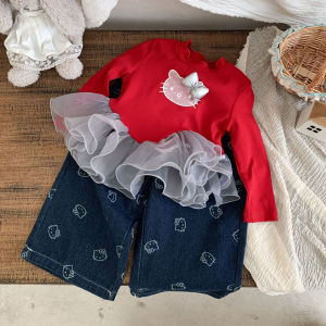 ชุดเด็กผู้หญิงแขนยาวปานกลางลายการ์ตูนสุดน่ารัก ชุดเด็กผู้หญิงลำลองพร้อมกางเกงยีนส์ทรงหลวม ชุดเด็กผู้หญิงฤดูใบไม้ร่วง 2025