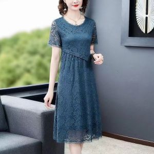 Plus Size Womens Short Sleeves High Quality Lace Dress 2023 New Style Dress Temperament Covering Belly Long Dress