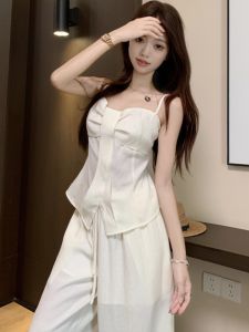 GUZILIAN | French Elegant White Spicy Girl Strap Vest Set Summer Design Butterfly Knot Top Wide Leg Pants Two Piece Set Fashionable Trendy