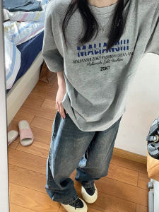 Pure Cotton Grey Short Sleeve T-Shirt Womens Summer New Style Trendy American Loose Fit Casual Brand Printed round Neck Top