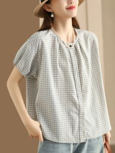 Casual Cotton Linen Shirt Women Summer Anti-Aging Bubble Sleeve round Neck Slimming Overhead Top Artistic Style Commute Loose Fit