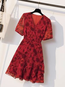 AIYITI | French Red Floral Plus Size Summer V-Neck Dress