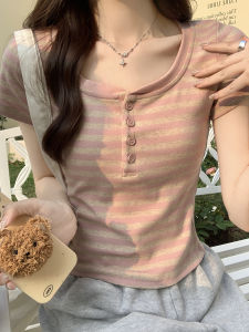 Áo Thun Tay Ngắn Cotton Nguyên Chất Cho Nữ Mùa Hè 2024 Áo Thun Cổ Tròn Kẻ Sọc Ôm Vừa Vặn Cỡ Nhỏ Thời Trang Công Sở Thường Ngày