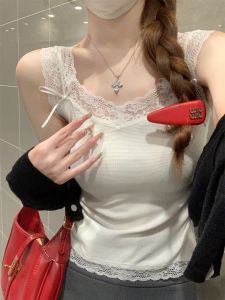 เสื้อกั๊กผ้าลูกไม้สีขาว เสื้อชั้นในสไตล์บัลเล่ต์ BM ดีไซน์เก๋ไก๋หรูหราสำหรับผู้หญิง เสื้อกั๊กคอวีแขนกุด