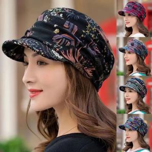 5 Colors Short Wide Brim Floral Print Earflap Hat Ethnic Windproof Foldable Warm Women Autumn Winter Outdoor Daily Cap