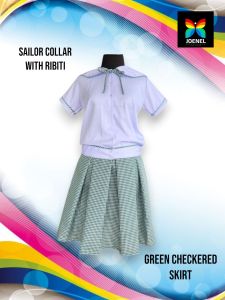 School uniform for girls peach twill polo Sailor collar Peachtwill blouse ribiti palda chekered green