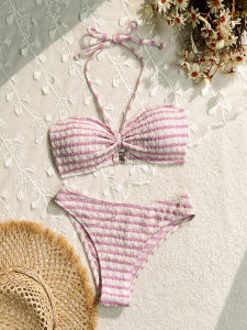Strapless Necktie Bikini Two-Piece Swimming Suit Thermal Beach Slimming Swimwear Polyester Material Triangle Design