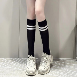 College Style Grey Sporty Womens Mid-Calf Socks Slimming Stripe Pattern Two-Bar Half Tube Socks Comfortable Leg Shaping