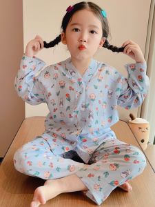 Cotton Silk Sleepwear Set Long Sleeve Childrens Home Clothes Baby Air Conditioning Clothes Thin Cardigan Summer Home Clothes Set for Boys And Girls