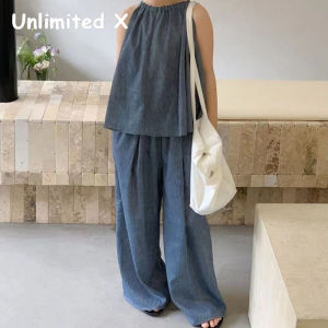 Unlimited X Girls T-shirt Summer Set Baby Girl Korean Style Breathable Suspender Blue Wide Leg Pants Two-piece Set