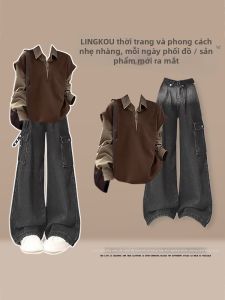 NUMEN BUTTON | Bộ Áo Sweater Giả Hai Mảnh Cao Cấp K-style và Quần Jeans Degrade