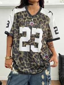 Summer Street Hip-Hop Style Sporty V-Neck Short-Sleeved Leopard Print Lettering Pattern Loose Quick-Drying Womens Girls T-Shirt