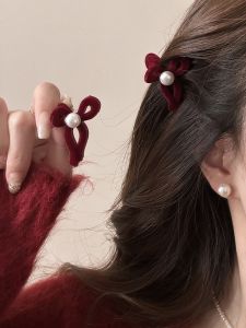 Velvet Hair Clip with Pearl Butterfly Knot Small Size Womens Stylish Cute Side Clip Headwear Fresh out Korean Style Fashion