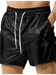 กางเกงขาสั้นหนังสะท้อนแสงเอวยางยืด กางเกงขายาวทรงตรงฤดูร้อนสำหรับผู้ชาย กางเกงขายาวลำลอง