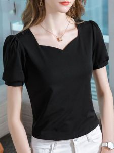 Summer Short Sleeve Chiffon Top Womens Fashion Bubble Sleeve Shirt Elegant Short Style European Goods Ladys Button Sleeve