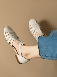 Retro British Weave Hollow out Toe Summer New Leather Low Heel round Head Roman Cage Sandals for Women Comfortable Breathable
