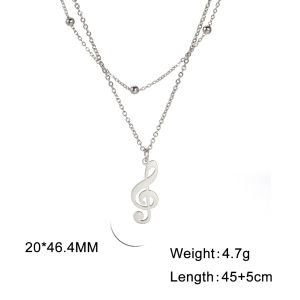 Music Note Pendant Necklace Stainless Steel Womens Double-Layer Bead Chain Music Enthusiast Hip-Hop Punk Jewelry Gift
