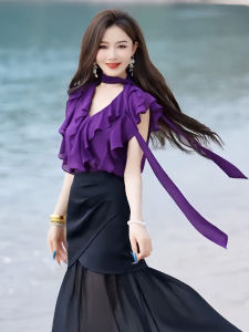 Ruffle Flounce Sleeve Chiffon Ladylike Blouse V-Neck Tie Top