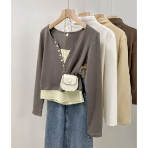 Korean Style Long Sleeve Pure Cotton T-Shirt Design Sense Splicing Versatile Top Elegant Thinming Womens Fashion Trendy