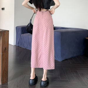 QIAOMIDUO | Summer Polka Dot Pink Half Skirt Womens New 2024 Colorful Denim Wrap Around Long Straight Cut Skirt High Waist Cotton Blend
