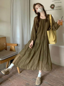 Váy Dài Tay Rộng Màu Nâu Đơn Giản Phong Cách Hàn Quốc Mùa Hè 2025 Cho Nữ Cỡ Lớn Váy Midi Cổ Tròn Không Tay