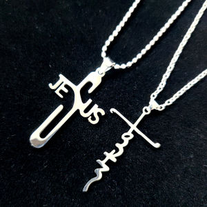 Letter Jesus Hollow Pendant Necklace Stainless Steel Silver Color Chain Hollow Cross Necklace for Men Women Jewelry Collier Gift