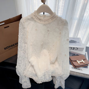 เสื้อเชิ้ตแขนยาวผู้หญิงสไตล์เกาหลีปักลายลูกไม้พร้อมกระดุมสุดเก๋สำหรับใส่ไปทำงาน