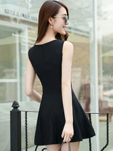 Black Short-Sleeved Ladies Bodysuit Dress Spring Summer Autumn High Waist Viscose Fiber Work Clothing A-Line Skirt