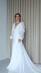 Open back long sleeve V neck wedding dress Modern chiffon wedding dress Simple Boho A line wedding dress Beach summer wedding dress
