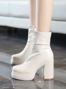 Autumn Winter Thick Heel High Heels Waterproof Platform Painted Leather Side Zipper Square Head Short Boots Women Fashion Boots