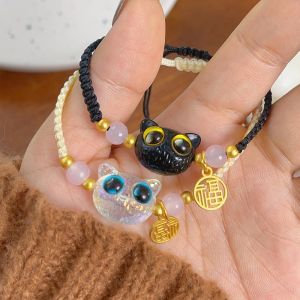 2Pcs Lucky Money Cat Bracelet Cat Head Crystal Beads Weaving Bracelet Braided Rope Gold Hollow Fu Character Hand Rope Couple Jewelry Valentines Day Gift