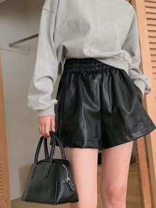 High Waist Black PU Leather Shorts Womens plus Size Loose Elastic Waist Wide Leg Boot Pants Commute Style Korean Version