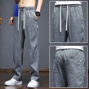 ROMON | Romon Ice Silk Mens Summer Thin Wide Leg Sporty Loose Straight Elastic Waist Long Casual Pants Drapey Comfortable Youthful