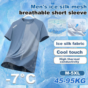 Ice silk quick-drying T-shirt Mens short sleeve Large size Mesh breathable top Cool sports top thin