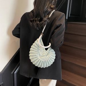 Conch Shell Knit Crochet Crossbody Shoulder BagPearl Chain Handmade Woven Women Sling BagElegant Delicate Cute Compact Purse