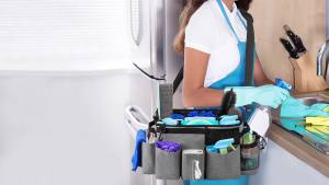 LoDrid Wearable Cleaning Caddy Bag with 4 Foldable Dividers Cleaning Supply Tote for Cleaning Supplies Cleaning Organizer with Shoulder Strap and Side Handles for Cleaners & Housekeepers Black