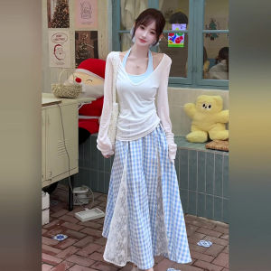 BINKAFENNY | White Summer Three-Piece Set Dopaamine Clothing Womens Sleeveless Vest Plaid Skirt Sunscreen Cover Up Fashionable Outfit