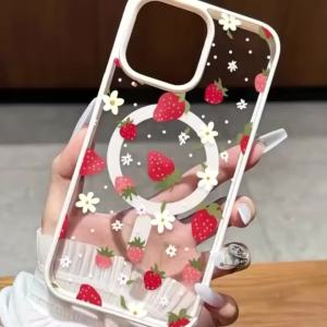 Shockproof Magnetic Phone Case For iPhone 17 16 15 14 13 12 11 Pro XS Max X XR Plus Air 17E 16E Strawberry Floral Pattern Cover