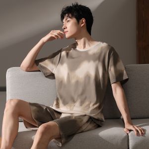 miiow | Mens Summer Sleepwear Set Pure Cotton Breathable Soft Comfortable Casual Home Clothes Short Sleeve Round Neck Short Pants