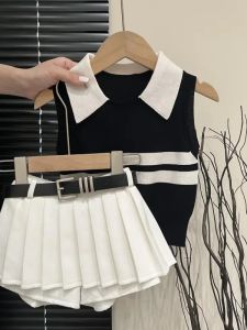 Girls Summer Plaid Skirt And Vest Set Short Sleeve Cotton Two-Piece Outfit for Little Kids Trendy Korean Style Childrens Clothing