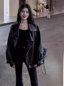 WANGGONGZHU | Thickened Fleece Leather Jacket Womens Autumn Winter Oversize Loose Large Street Motorcycle Clothes Princess Style Commute