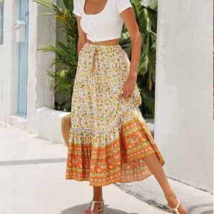 Bohemian Beach Long Skirt High Waist Cotton Silk Artificial Cotton Floral Print Half-length Womens Summer Holiday Style A-line Skirt