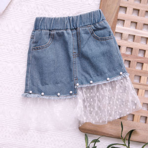 Comfortable Denim Mesh Splice Skirt for Girls Spring Summer New Arrival A-Line Cotton Dress Korean Style Sweet Match All Medium Children