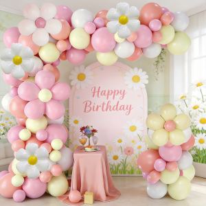 120Pcs Pink Daisy Balloon Arch Set Daisy Foil Balloons Paired with Macaron Pink Yellow and Orange Balloon Combinations an Ideal Choice for Spring Birthday Parties Baby Showers Outdoor Weddings and Party Decorations