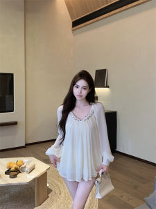 GUZILIAN | Elegant U-Neck Chiffon Shirt Womens Long Sleeve Spring Design Slimming French Style Pure Desire Commute Fashion Loose Fit