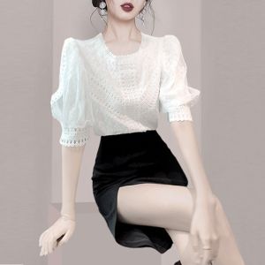 Stylish High-End French Design Silk-Like Short Sleeve Blouse