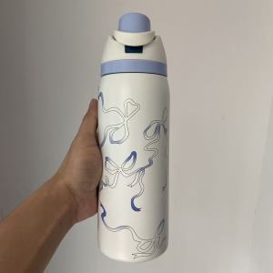 32oz Owa Stainless Steel Insulated Water Bottle with Straw And Ribbons BPA-Free Sports Water bottle for Men and Women Portable